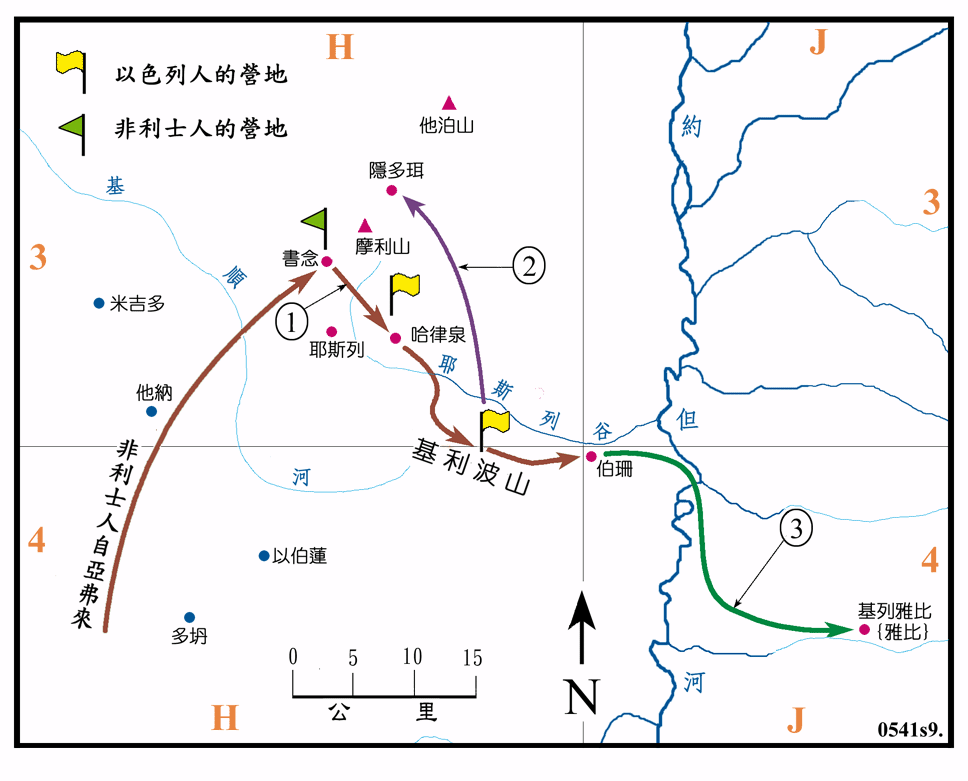 上图：基利波之战：1、非利士人来到书念安营，扫罗聚集以色列人在基利波山安营，后到在耶斯列的泉旁安营（撒上二十八4，撒上二十九1）；2、扫罗心生惧怕，就在夜间去隐多珥求见交鬼的妇人（撒上二十八5-25）；3、非利士人击败以色列人，扫罗的三个儿子都在基利波山战死。扫罗受伤后自刎而亡，非利士人将扫罗等人的尸身钉在伯·珊的城牆上，基列·雅比城的勇士却将尸身连夜取回雅比城安葬（撒上三十一6-13）。