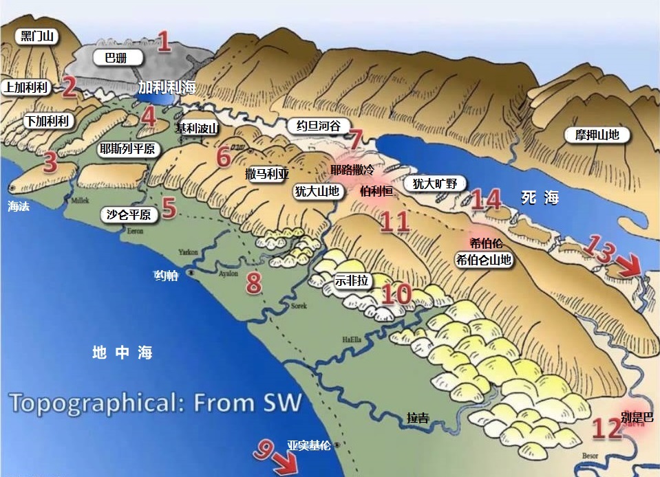 上图：以色列地形图。正如摩西所描述的，「那地有河，有泉，有源，从山谷中流出水来」（申八7）。