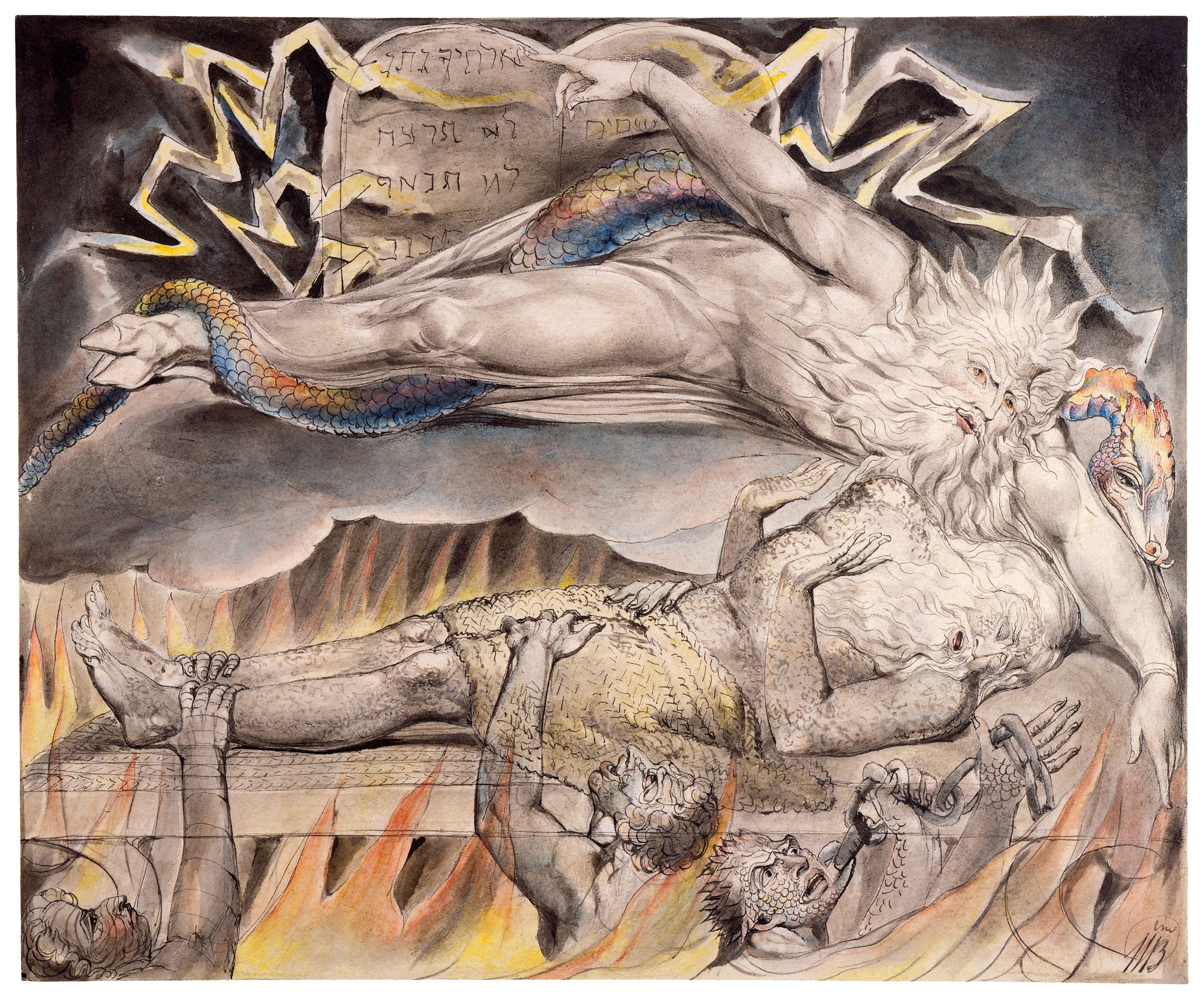 上图：英国诗人、画家威廉·布莱克（William Blake，1757-1827年）的版画《约伯的噩梦 Job's Evil Dreams》，描绘「你就用梦惊骇我，用异象恐吓我」（伯七14）。