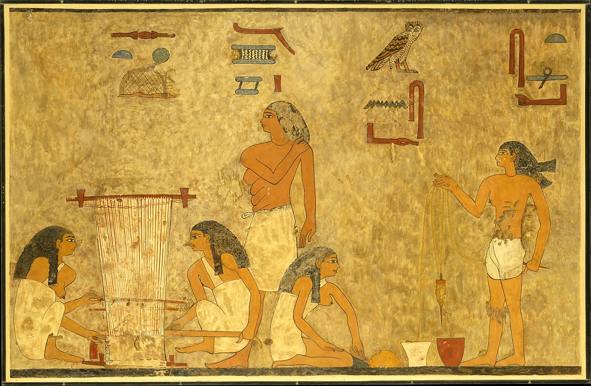 上图：古埃及壁画上的织布场景，两位女工用梭在织布机上织亚麻布（Tomb of Khnumhotep，大约主前1897–1878）。